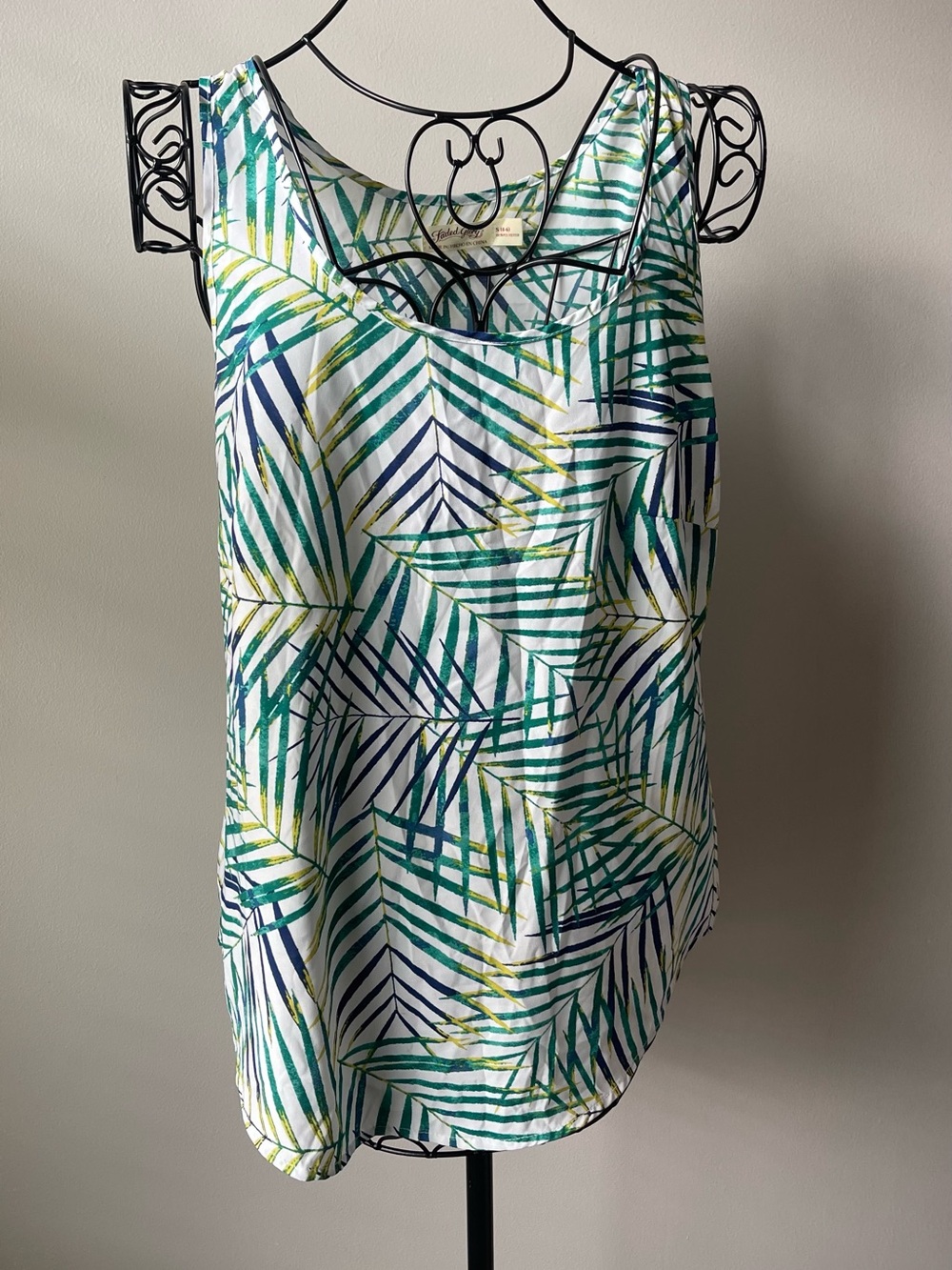 Sleeveless Printed Palm Leaf Tank Top - Green & Navy